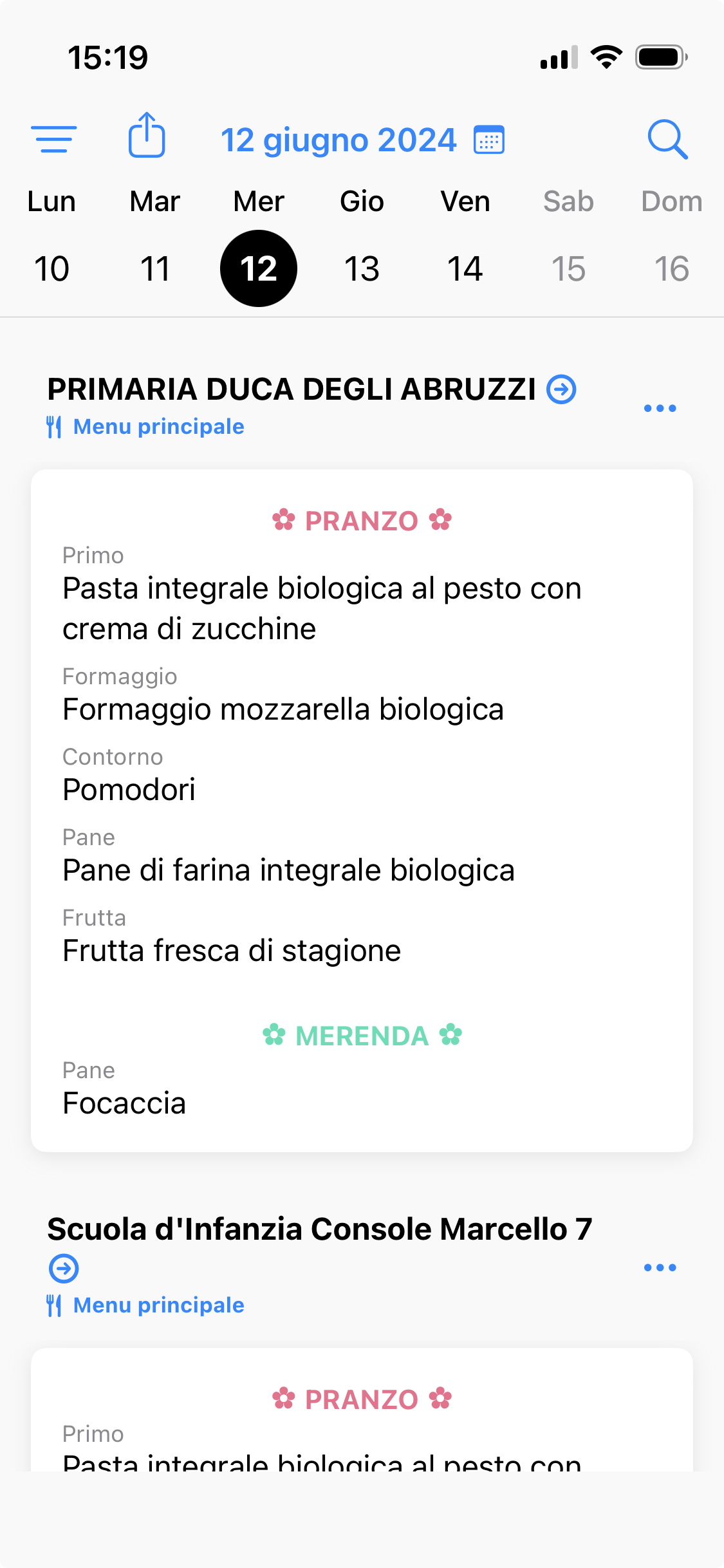 Menu Aperto — visualizzazione mobile